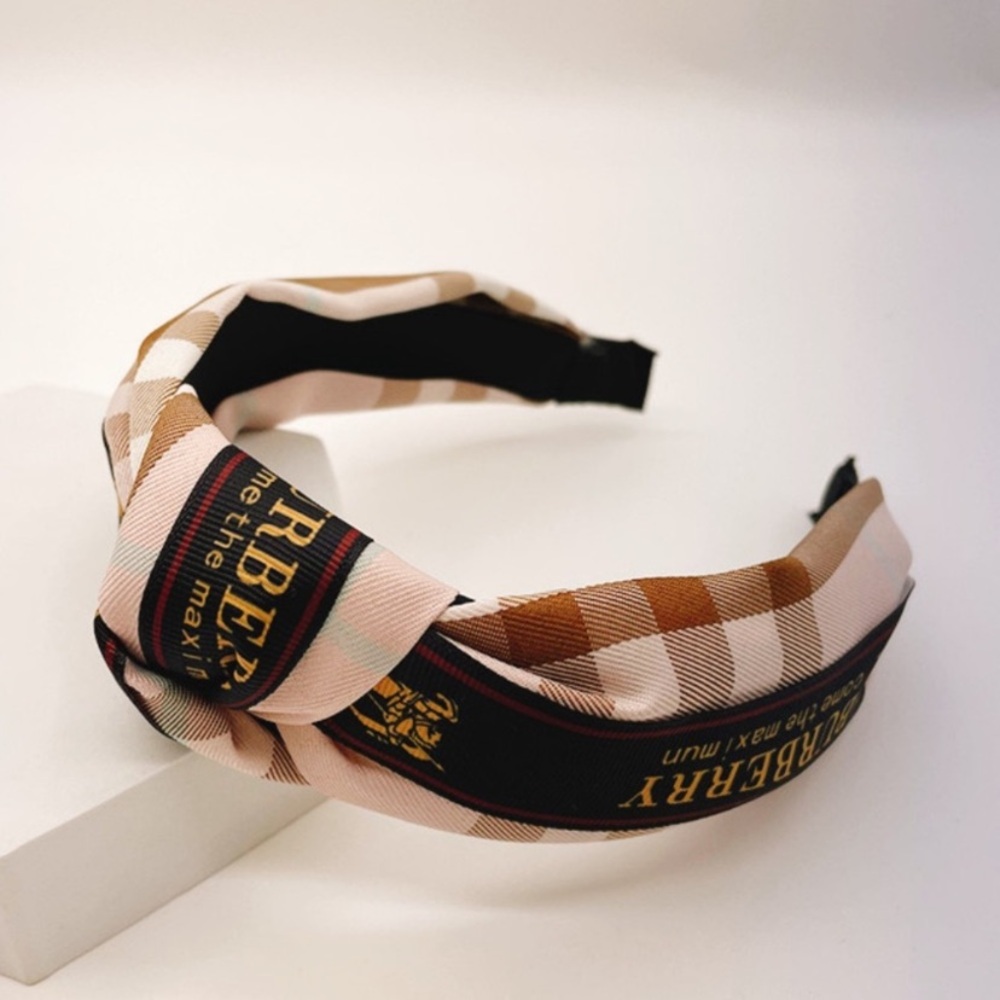 Luxury Pink & Beige Plaid Knotted Fashion Headband
